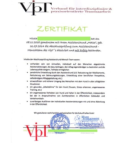 Urkunde zur Prüfung zum Assistenzhund Urkunde zur Prüfung zum Assistenzhund