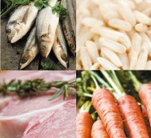 Gesunde Lebensmittel - Fisch, Reis, Fleisch, Gemüse