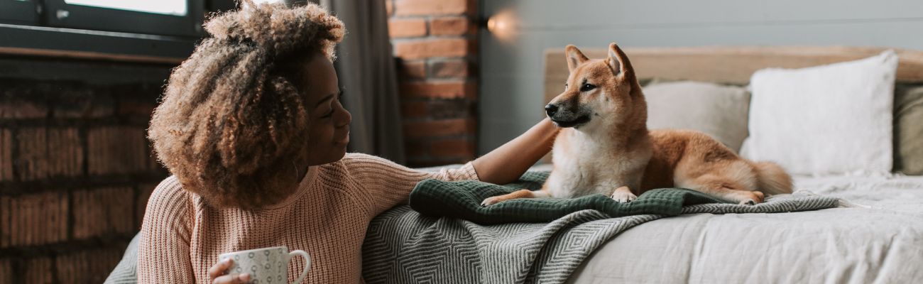 frau-streichelt-hund-auf-dem-bett